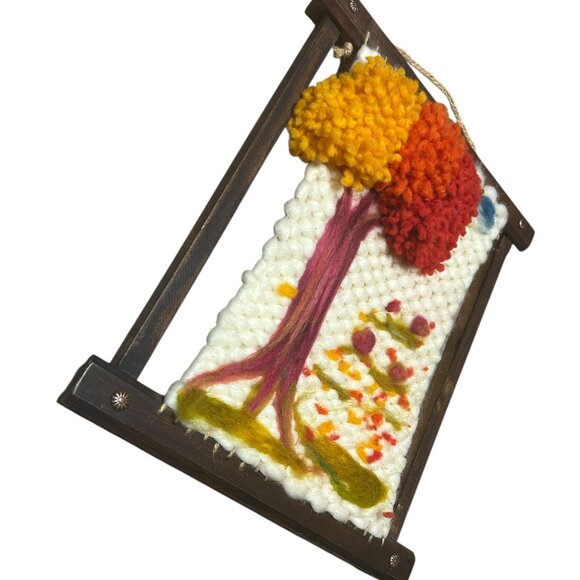 Vtg Handmade Fiber Art Tree Scene Weaving Rug Hooking Wool Felting Boho Wall Art - Picture 2 of 6